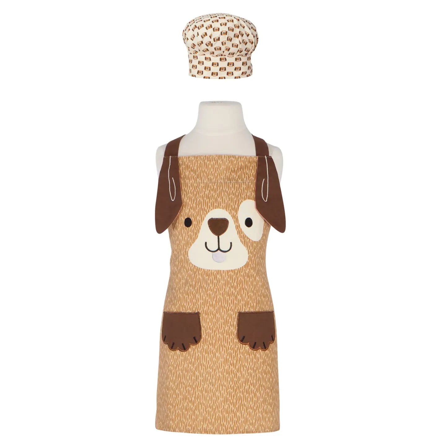 Dog-themed apron and chef's hat on a mannequin against a white background