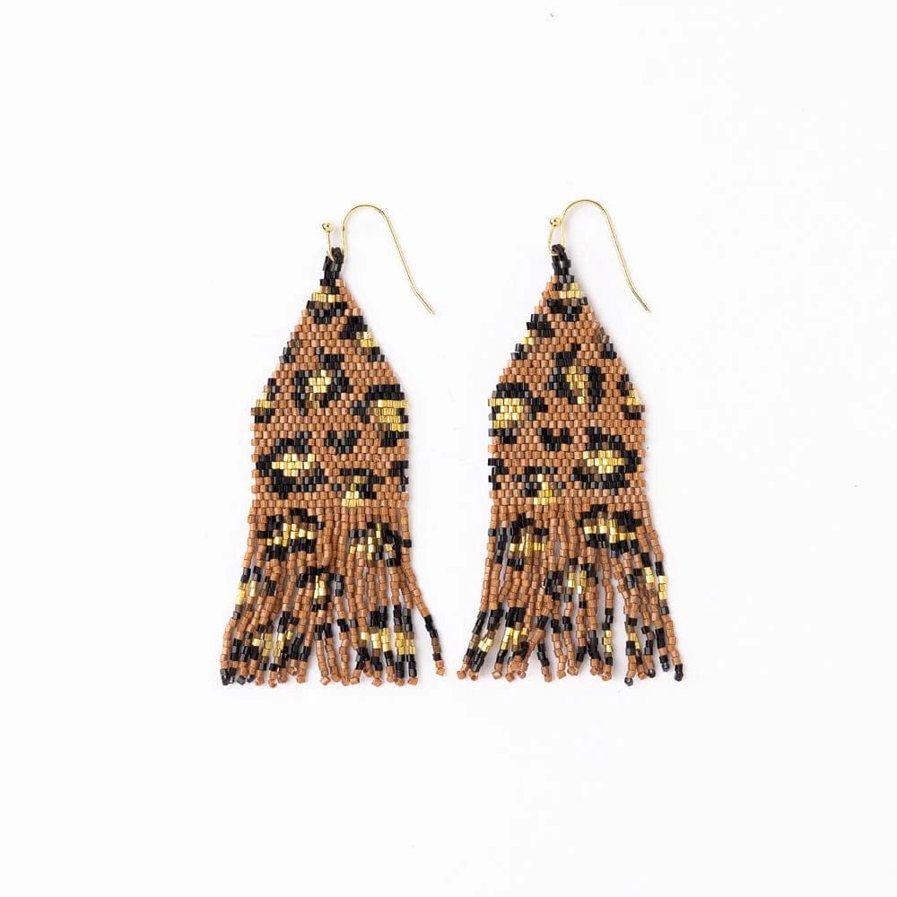 Beaded fringe earring with cheetah print pattern