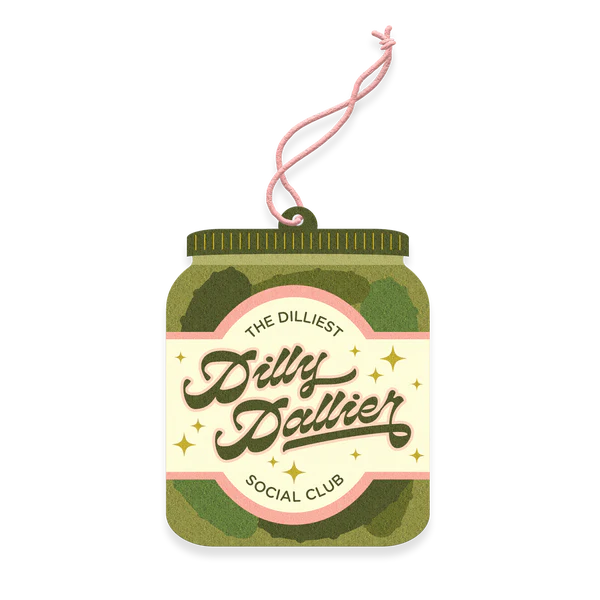 Car air freshener shaped like a dill pickle jar with 'Dilly Dally' branding on a white background.