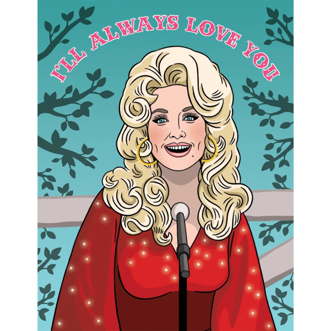 Cartoon illustration of a woman with blonde hair and a red dress, standing in front of a microphone, with text 'I'll Always Love You' above her.