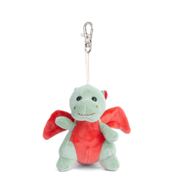 Plush dragon toy with red wings and a silver clip on a white background