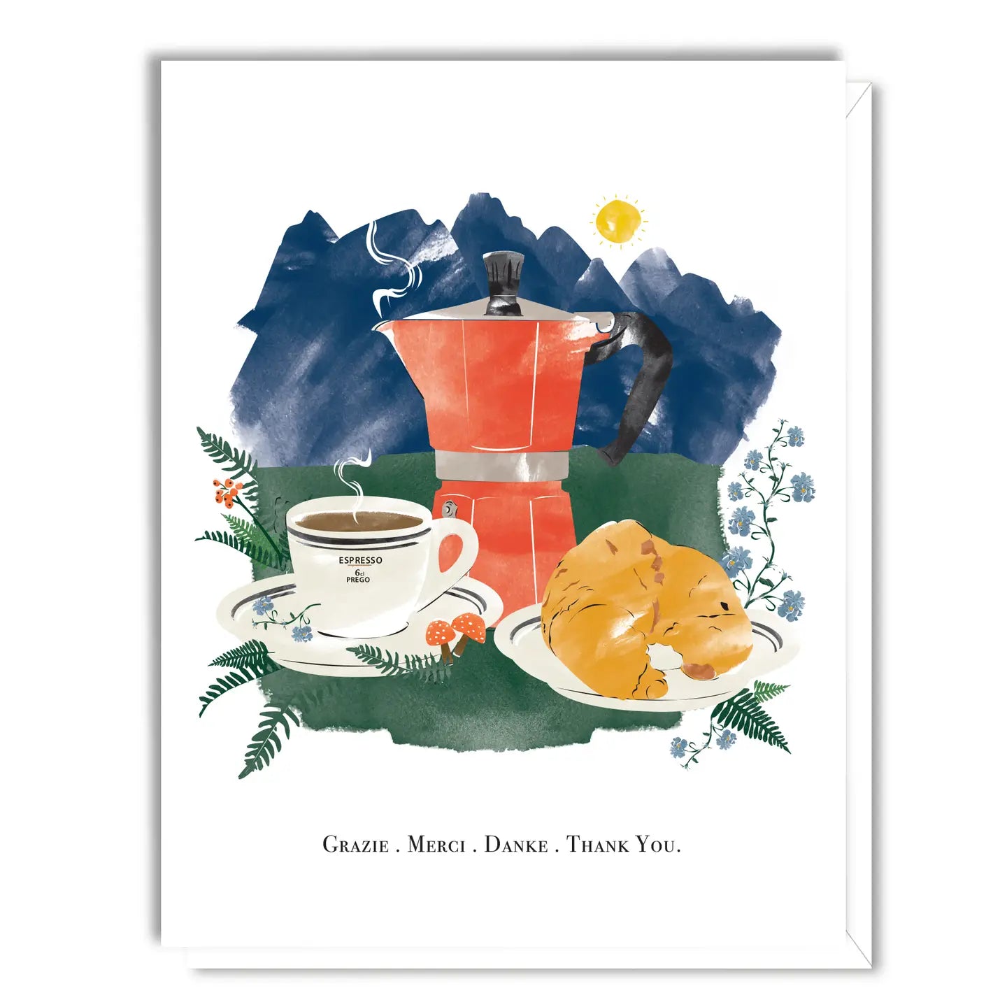 Illustration of a "Thank You' Greeting card with coffee maker, cup, and cat with floral elements on a white background