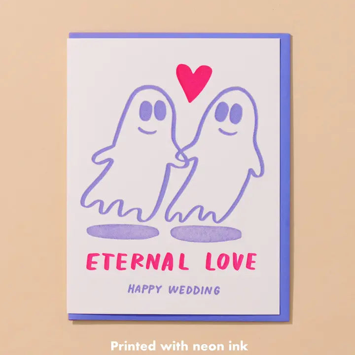 Card with two ghosts holding a heart and 'Eternal Love' text on a beige background