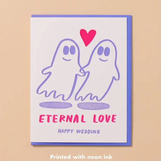 Card with two ghosts holding a heart and 'Eternal Love' text on a beige background