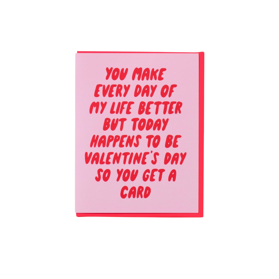 Valentine's Day card with pink background and red text on a white background