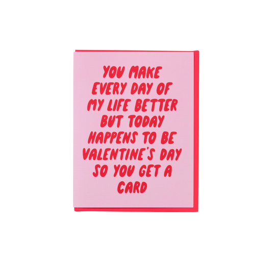 Valentine's Day card with pink background and red text on a white background