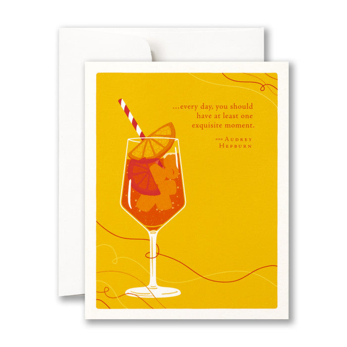 Greeting card with a cocktail illustration and Audrey Hepburn quote on a yellow background