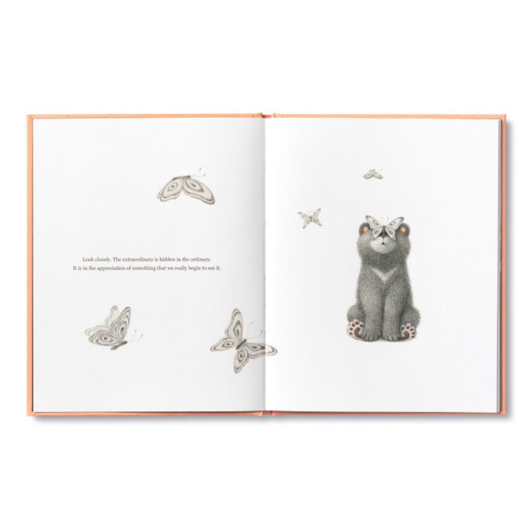 Page from "Being Kind"- the bear sits with a butterfly on their nose while butterflies fly around them.