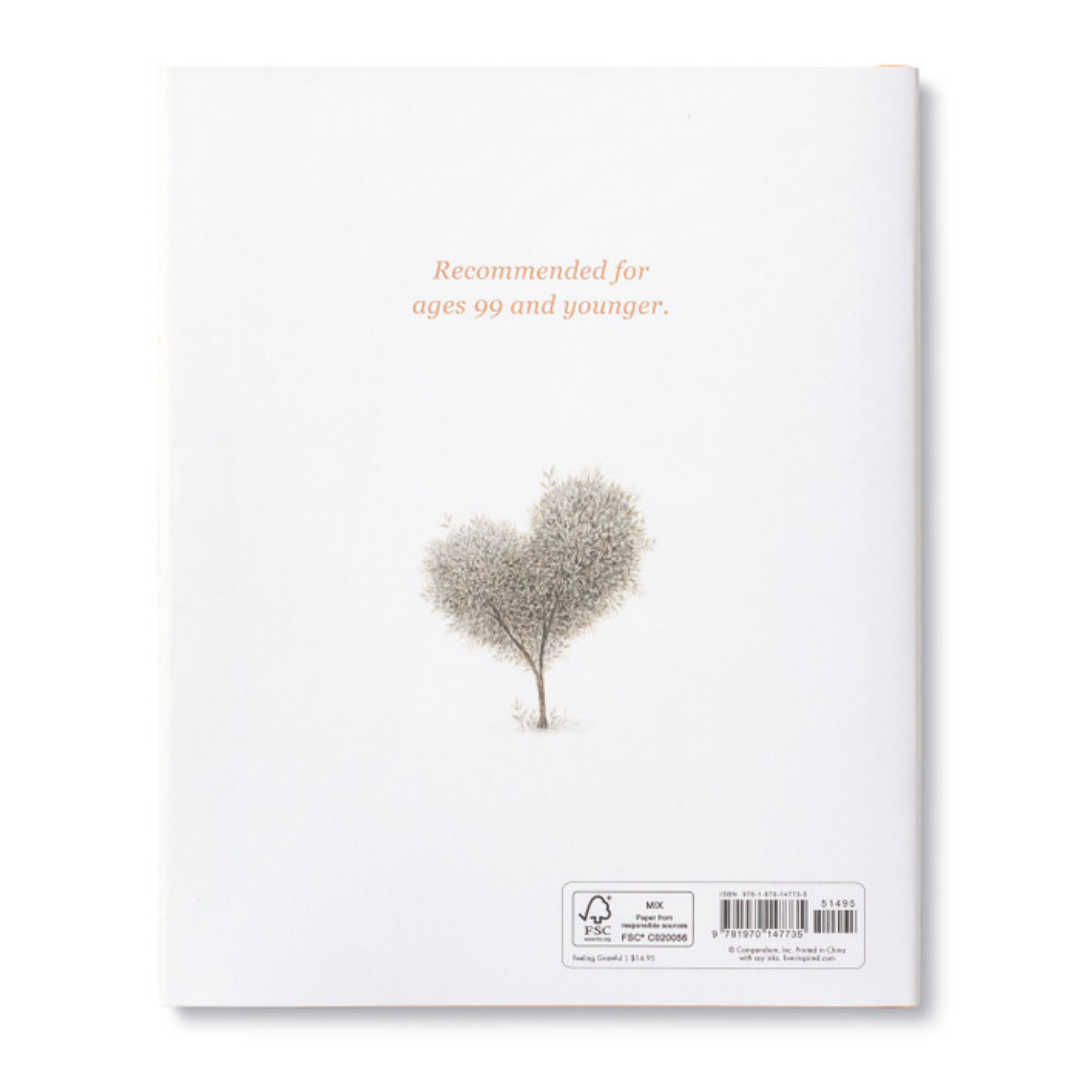 Back cover of "Being Kind" "Recommended for ages 99 and younger" features an illustration of a heart shaped tree