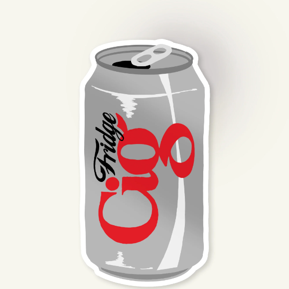 A die-cut sticker of a silver aluminum can with a red and black 'Fridge Cig' logo, shown on a light beige background with a soft drop shadow.