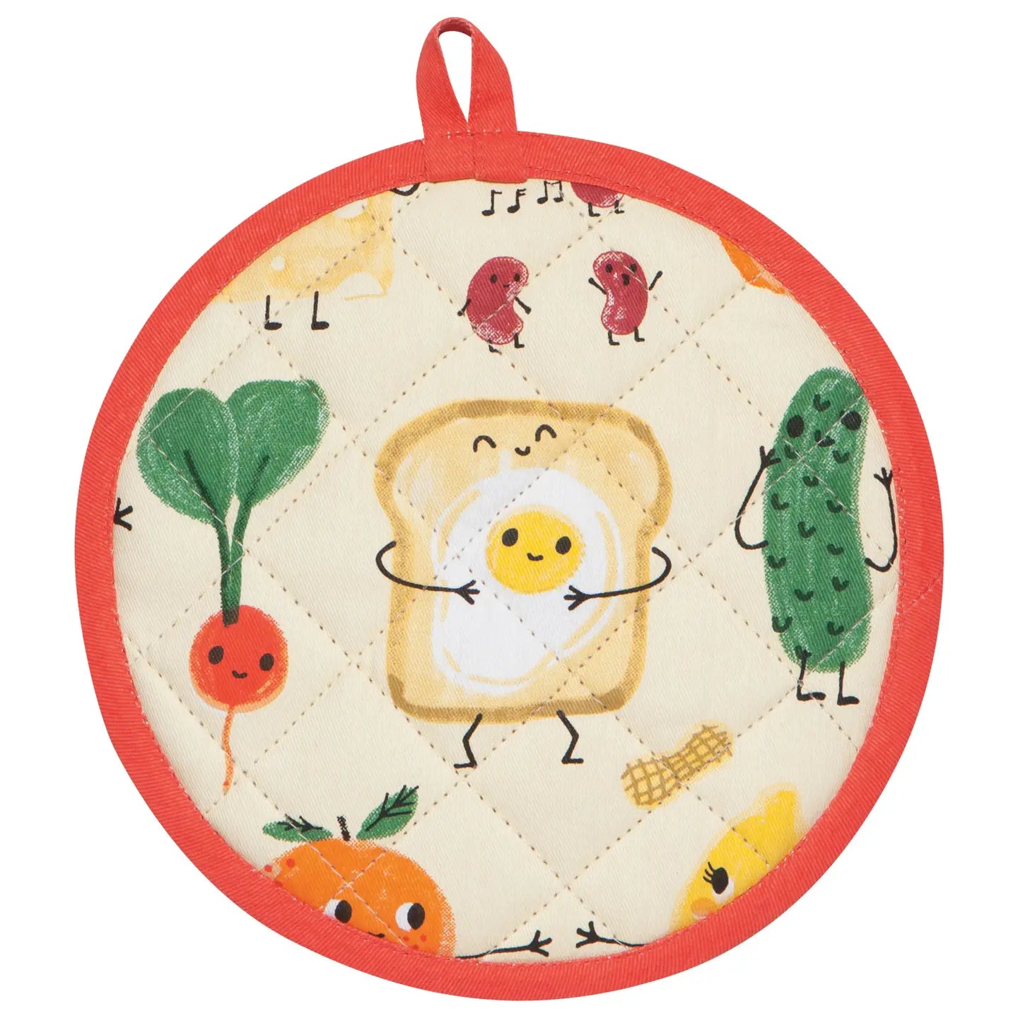 Quilted pot holder with cartoon toast, egg, and vegetables design on a white background