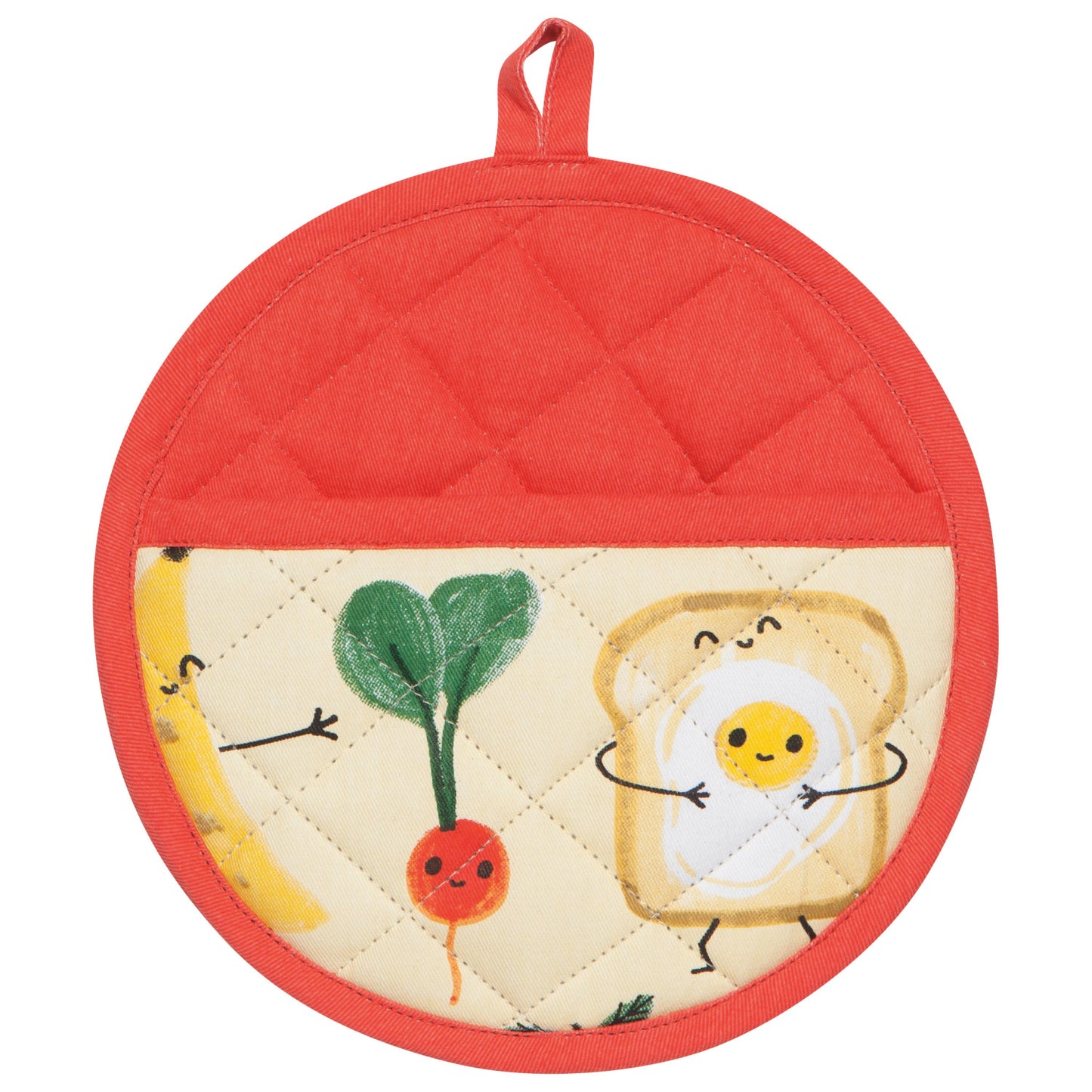 Quilted pot holder with cartoon vegetables and toast design on a white background