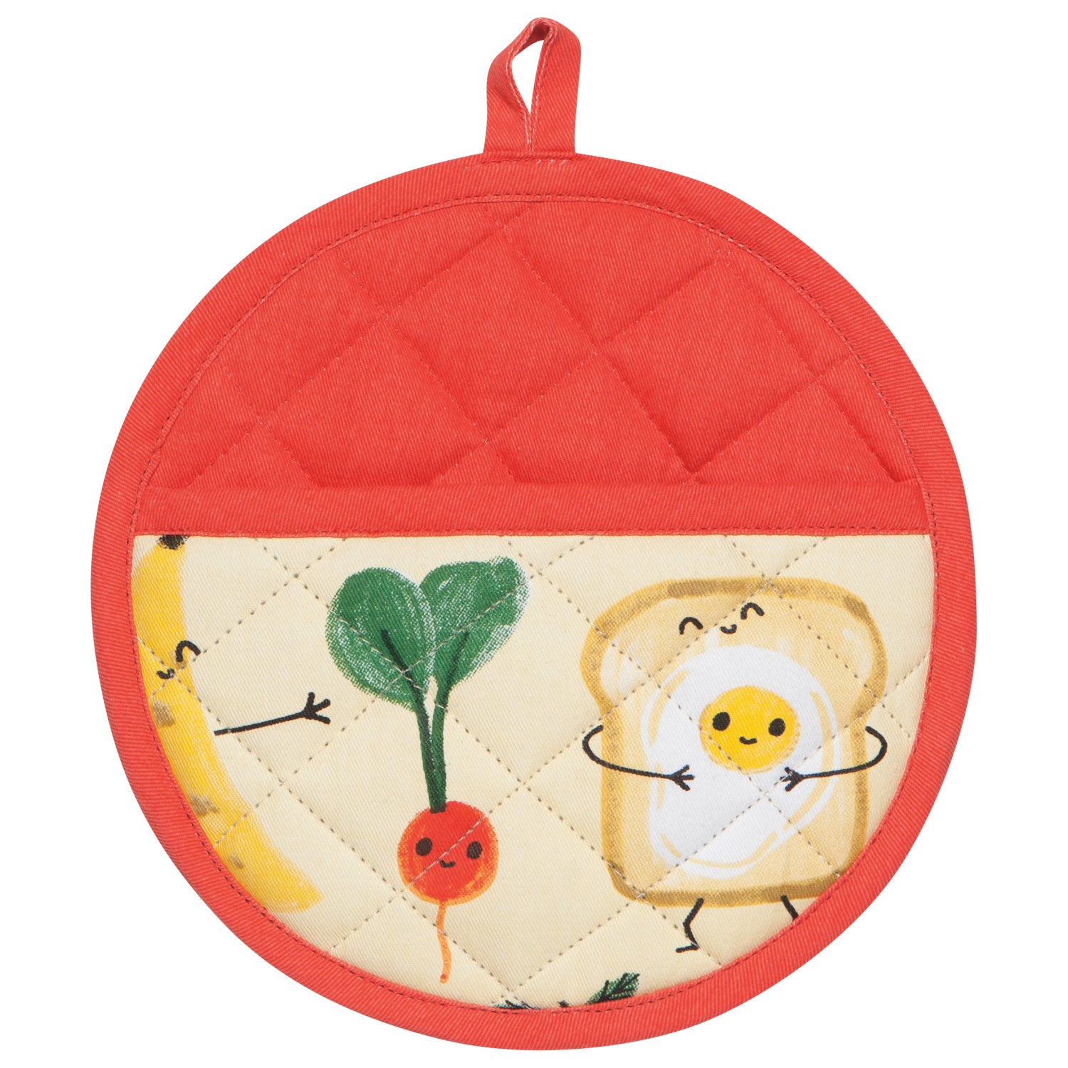Quilted pot holder with cartoon vegetables and toast design on a white background