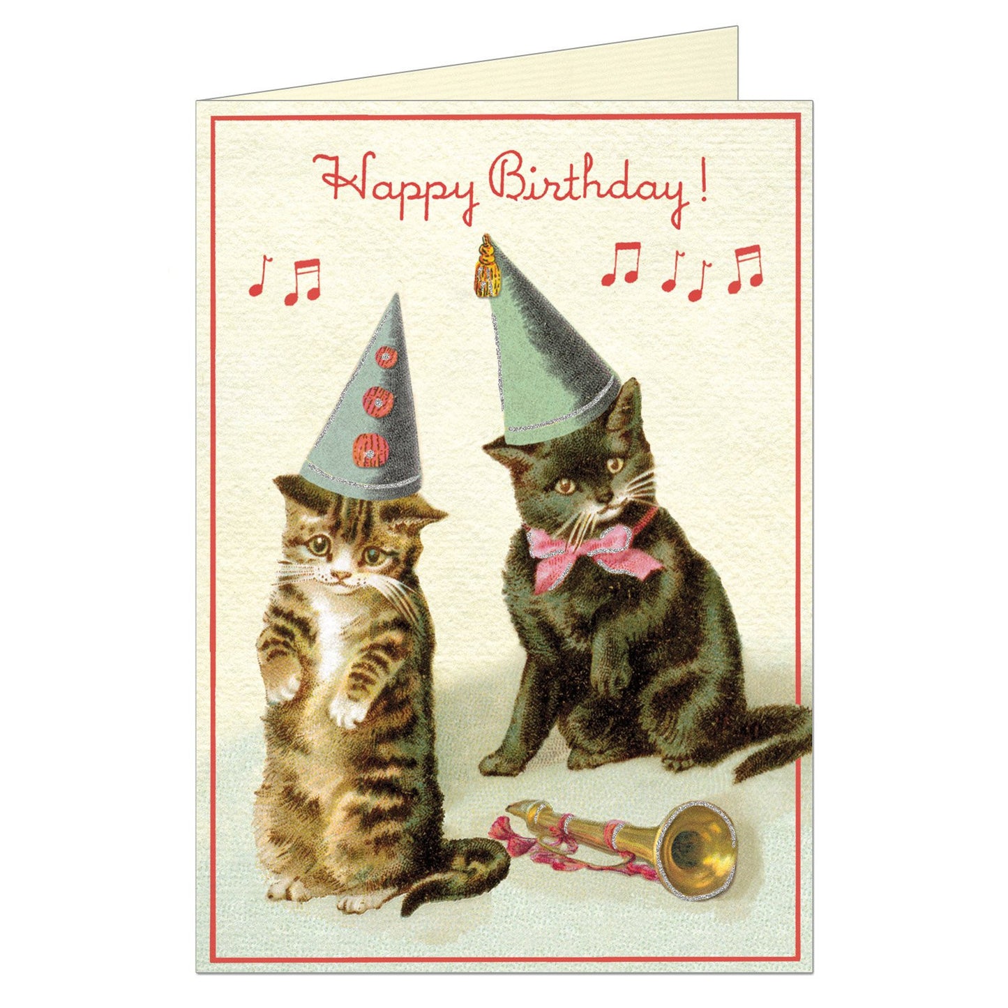 Vintage birthday card featuring two kitties wearing hats near a trumpet.