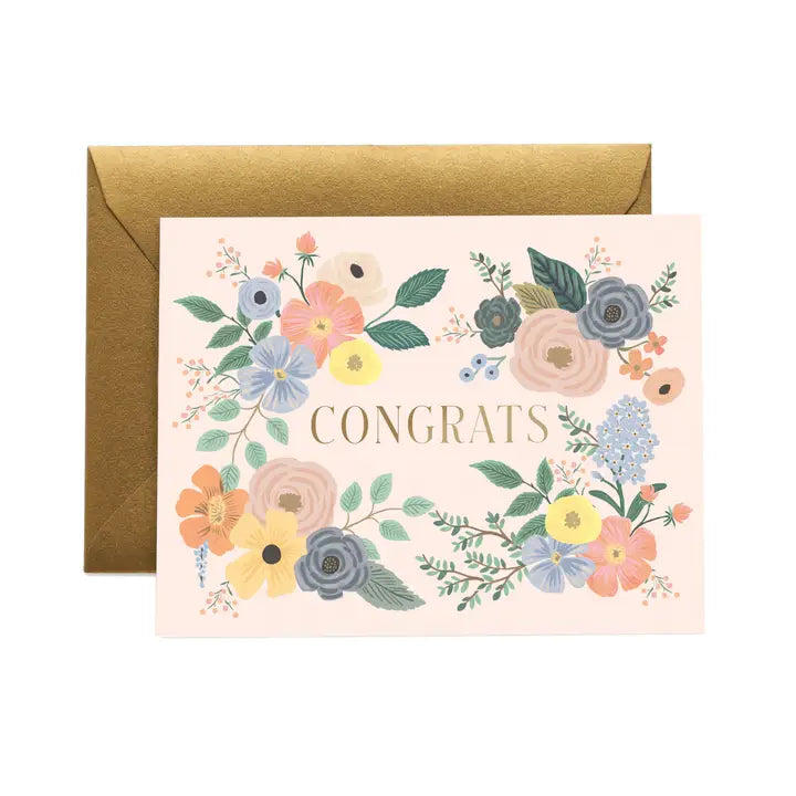 Greeting card with floral design and 'Congrats' text, accompanied by a gold envelope 