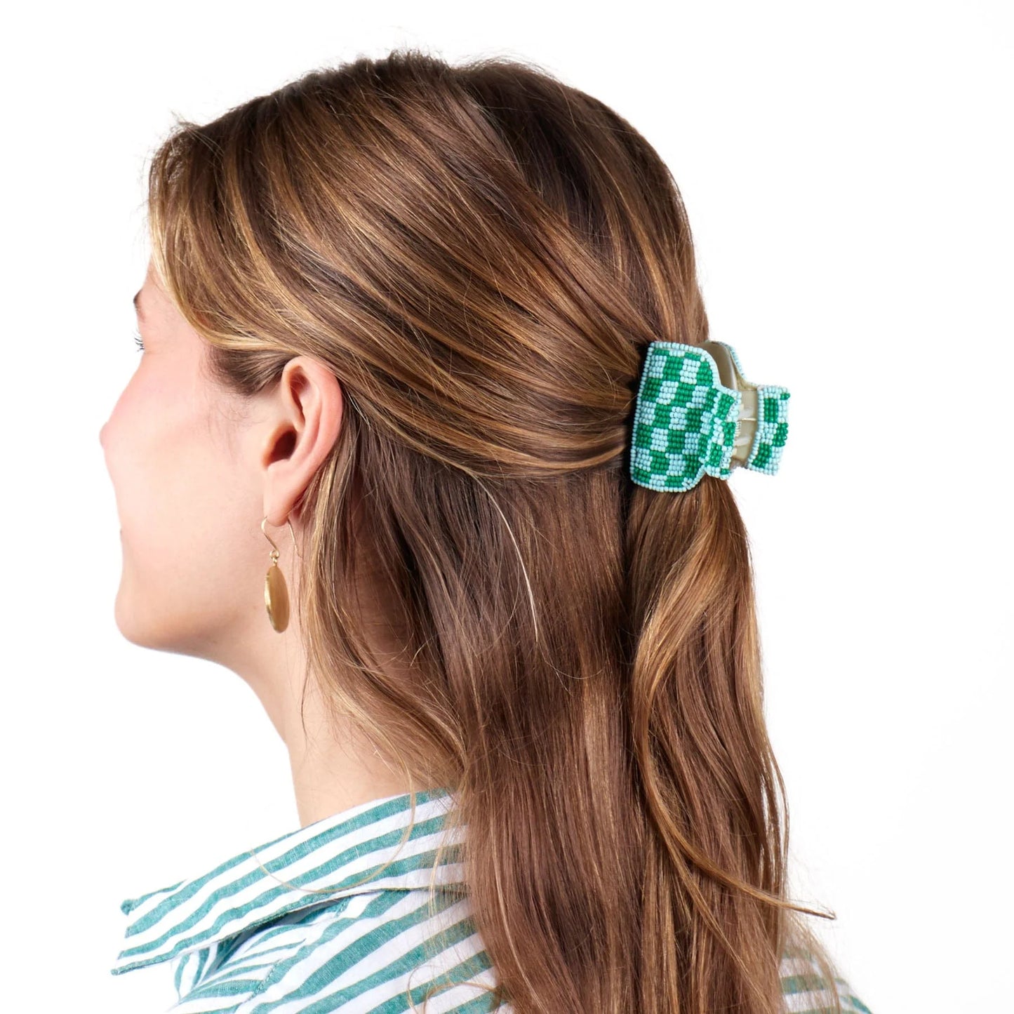 Gia Petite Multi-Color Checked Claw Kelly Green + Light Blue Check