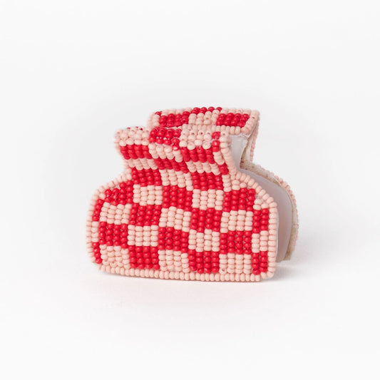 Gia petite checked claw hair clip in pink and red