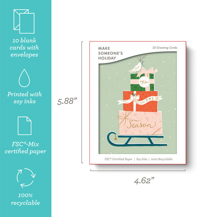 Greeting card packaging with dimensions and sustainability details on a teal background