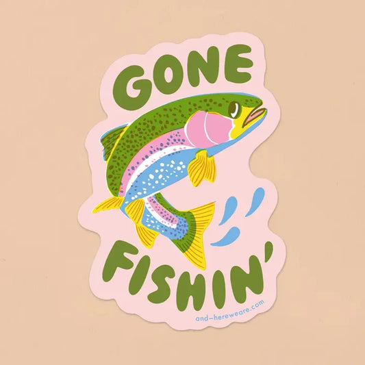 Sticker with a fish illustration and 'Gone Fishin'' text on a beige background