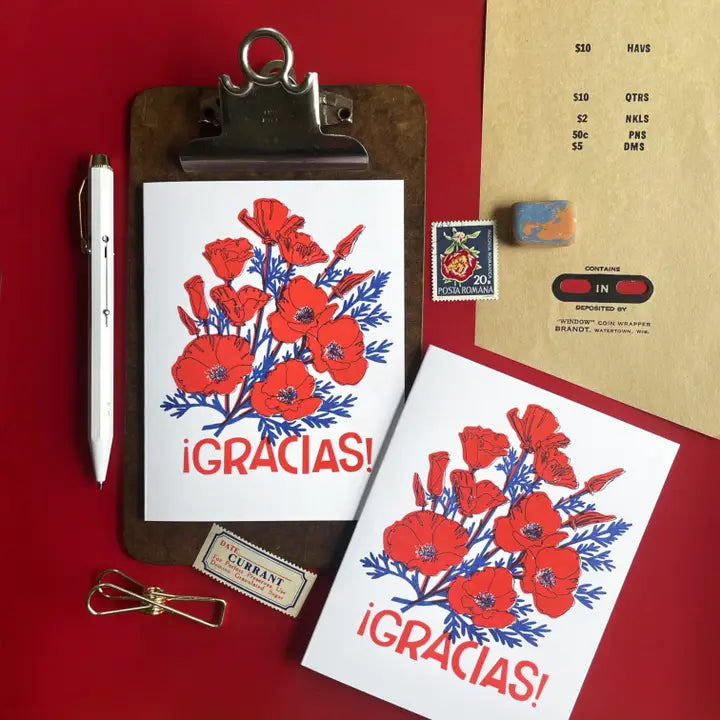 Gracias Poppies Spanish Risograph Card