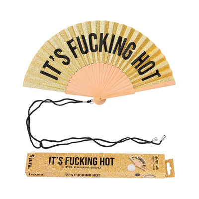 Hand Fan with It's Fucking Hot text in Gold Glitter