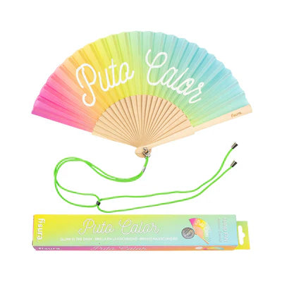 Hand Fan with Puto Calor text in Rainbow Glow in the Dark