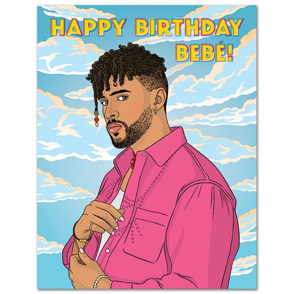 Birthday card with Bad Bunny in a pink shirt against a blue sky background