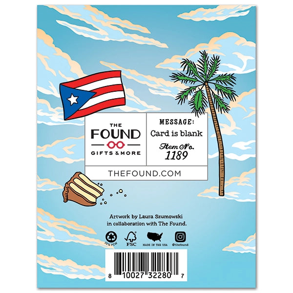 Back of a card with a Puerto Rican flag, palm tree, and beach scene on a blue background.