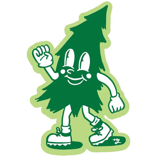 A sticker featuring a cartoon tree character sticker or decal with a smiling face, waving one hand, and wearing winter shoes, shown on a plain white background.