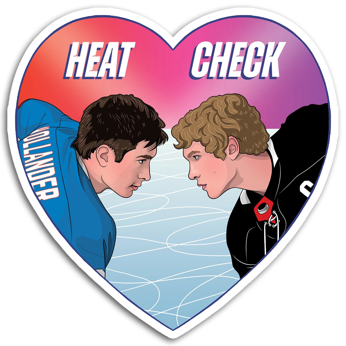Heart-shaped sticker with two hockey players facing each other on a white background