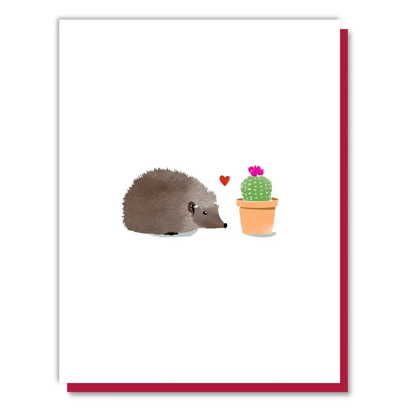 A greeting card with an image of a Hedgehog and a small potted cactus with a red heart in between the two of them. 