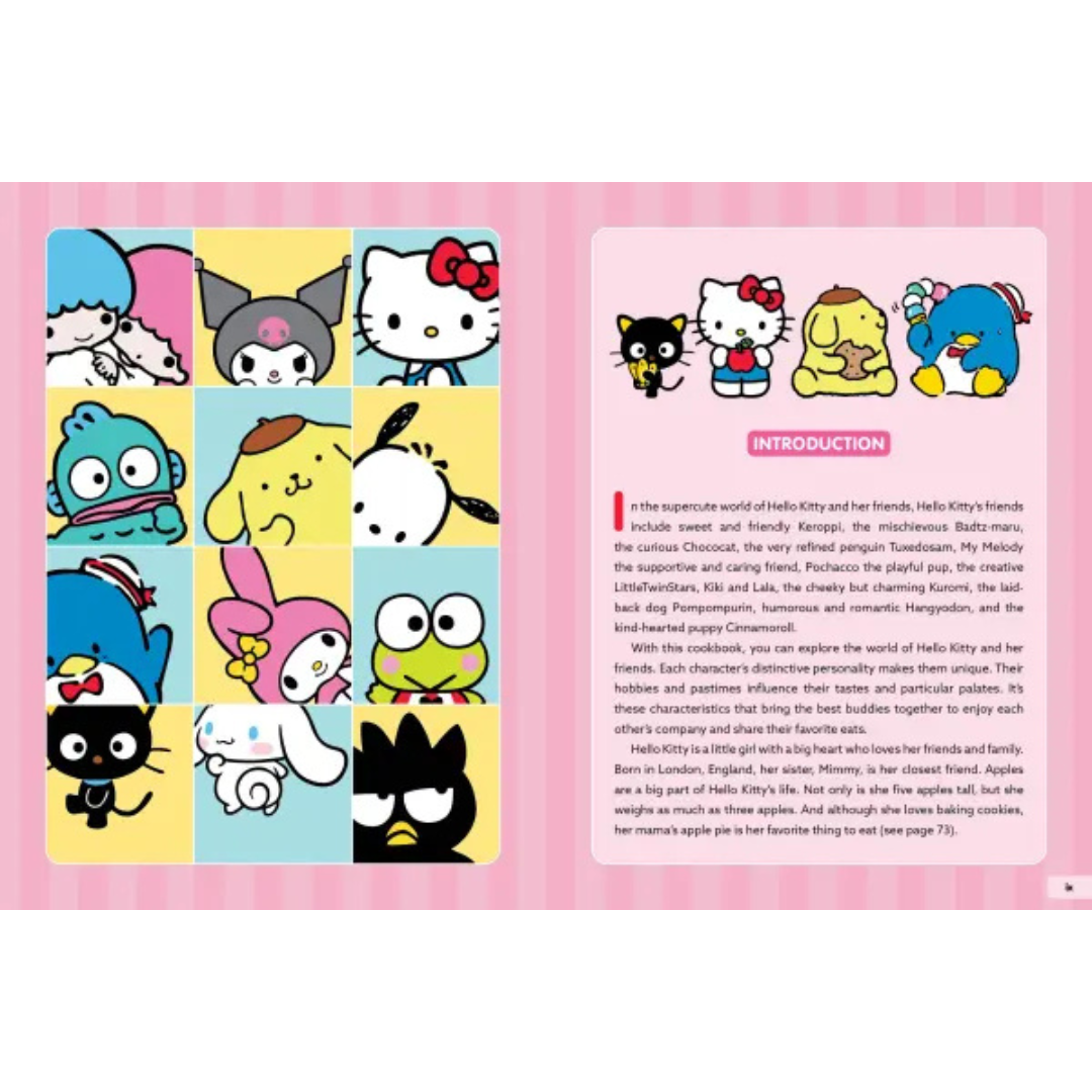 Illustrated book page with Hello Kitty and friends on a pink background