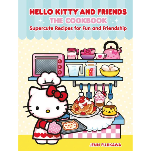 Book cover of 'Hello Kitty and Friends: The Cookbook' with a cartoon character in a kitchen.