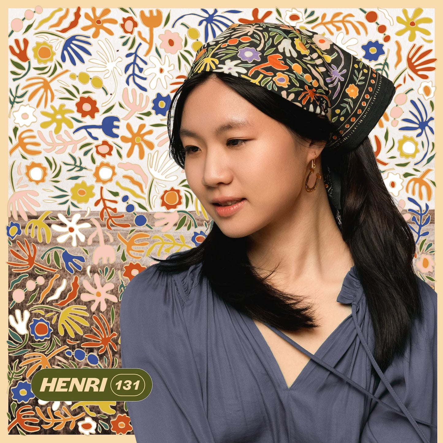 Model wearing the Henri Bandana as a head kerchief.