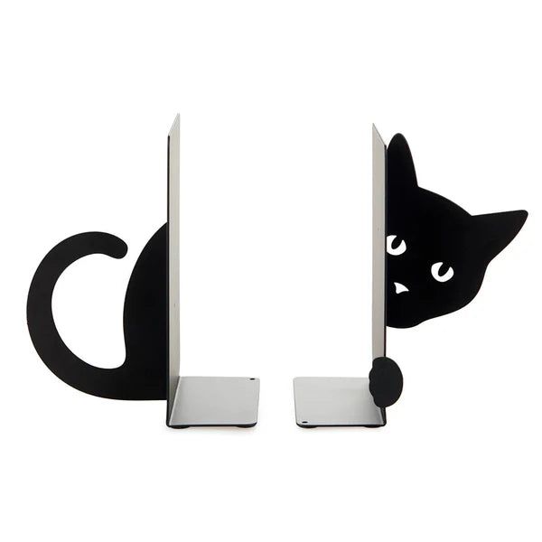 Bookends shaped like a cat hiding behind a stack of books. Front bookend has the cat's head and a paw, back bookend has the tail. 