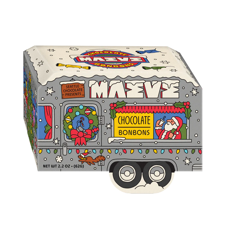 Maeve holiday gift box decorated like a vintage camper