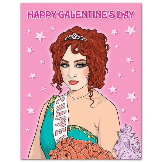 Valentine's Day card with a cartoon woman in a beauty pageant gown and tiara on a pink background with stars.