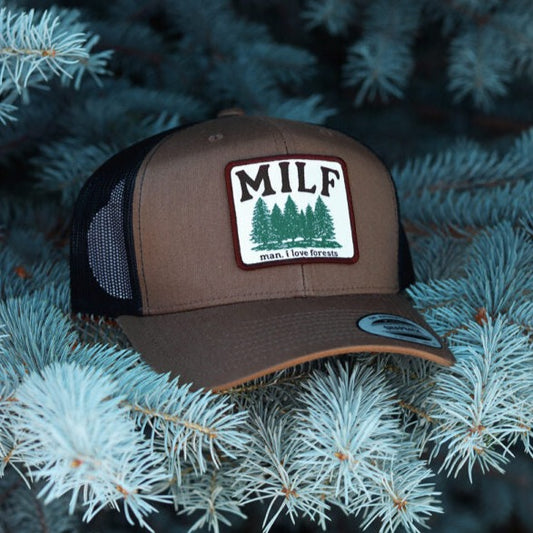 Man I Love Forests MILF Low Crown Patch Trucker Hat - Brown/Black