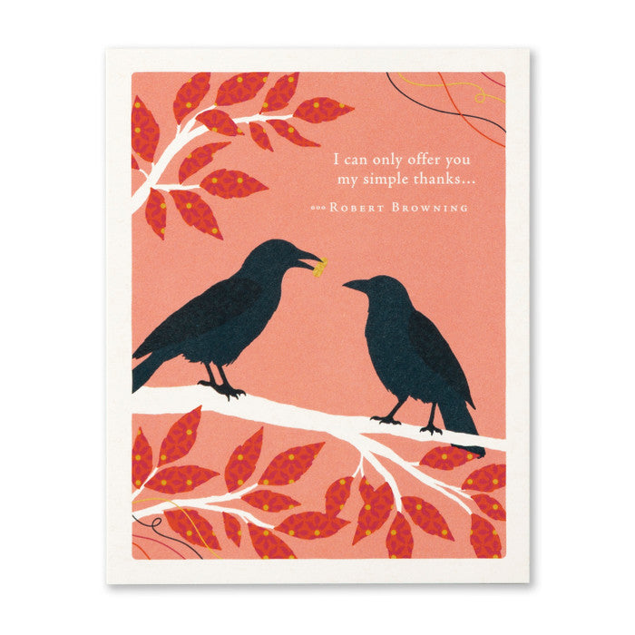 Card with two crows on a branch against a pink background with red leaves, featuring a quote by Robert Browning.