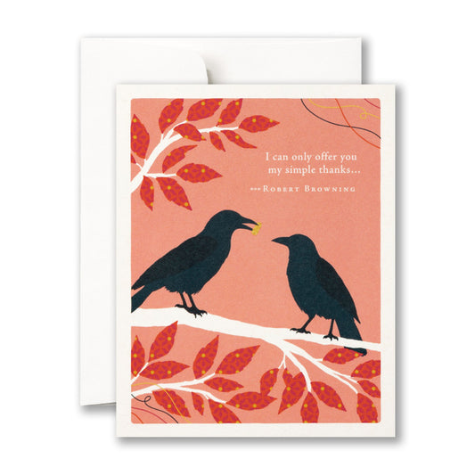 Card with two crows on a branch against a pink background with red leaves, featuring a quote by Robert Browning.