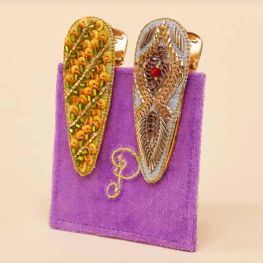 Feather and Stripe Jewelled Hair Clips