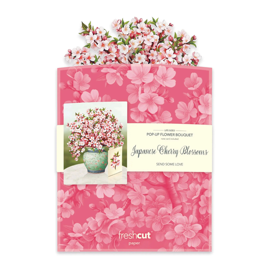 Pink envelope with Japanese cherry blossoms design and a pop-up flower bouquet on top