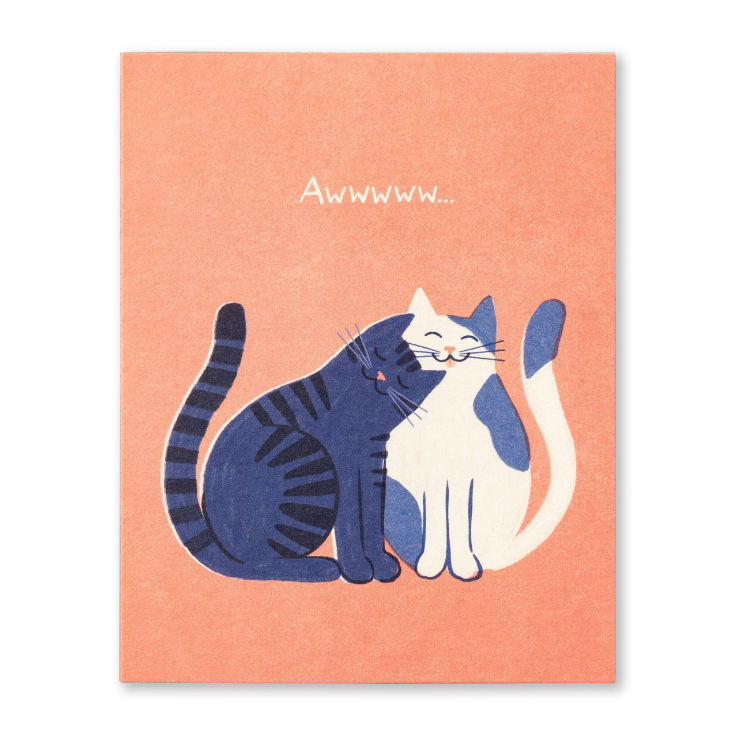 Illustration of two cats on a peach-colored card with 'Awwww...' text.