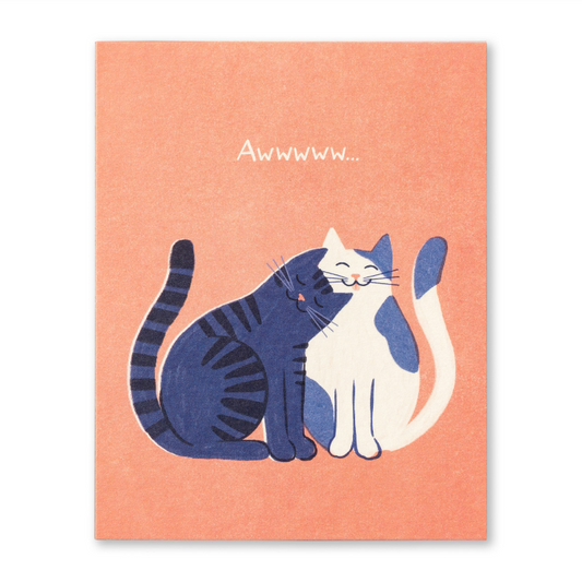 Illustration of two cats on a peach-colored card with 'Awwww...' text.