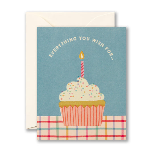 Birthday card with cupcake and candle and Everything You Wish For.. text