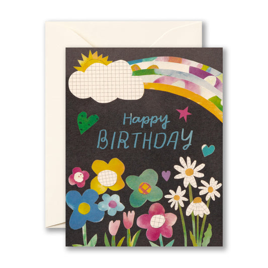 Birthday card with colorful flowers, rainbow, and cloud on a black background