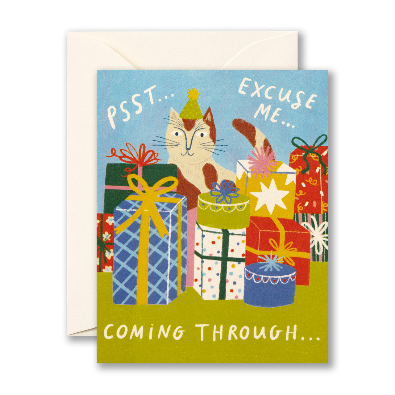 Greeting card with a cat and presents design, featuring text 'PSST... EXCUSE ME... COMING THROUGH...' on a blue background.