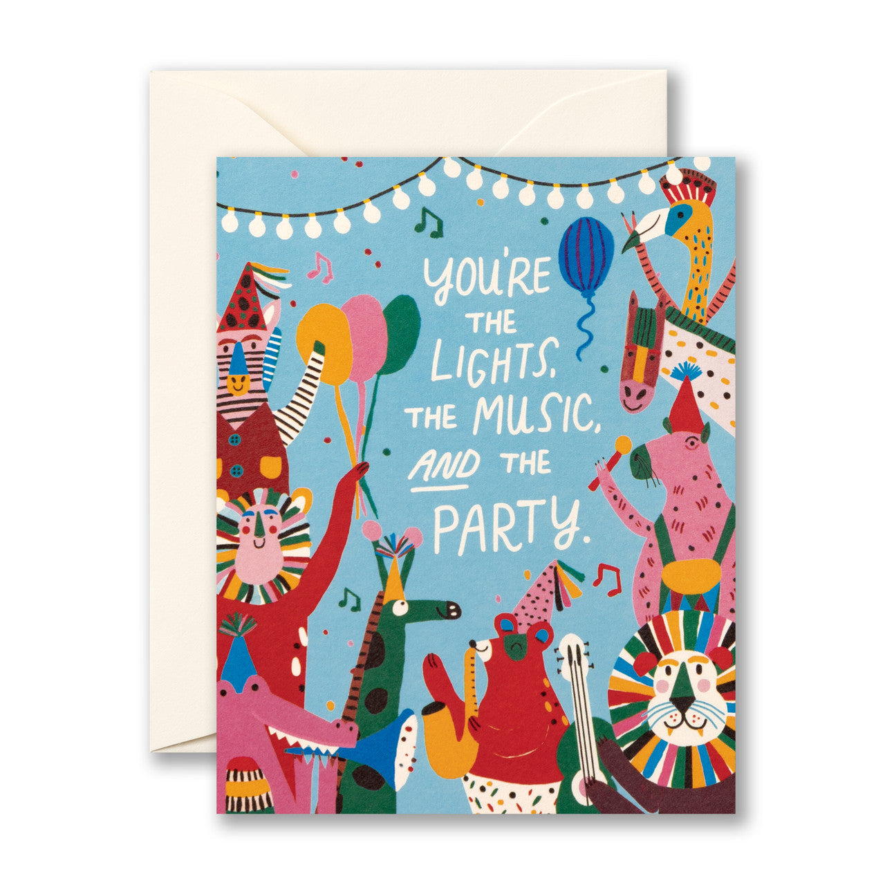 Colorful greeting card with animal illustrations and text on a white background