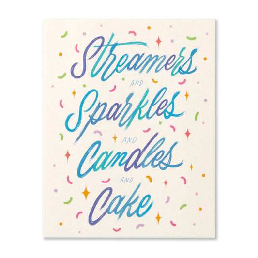 Birthday card with Streamers and Sparkles and Candles and Cake text