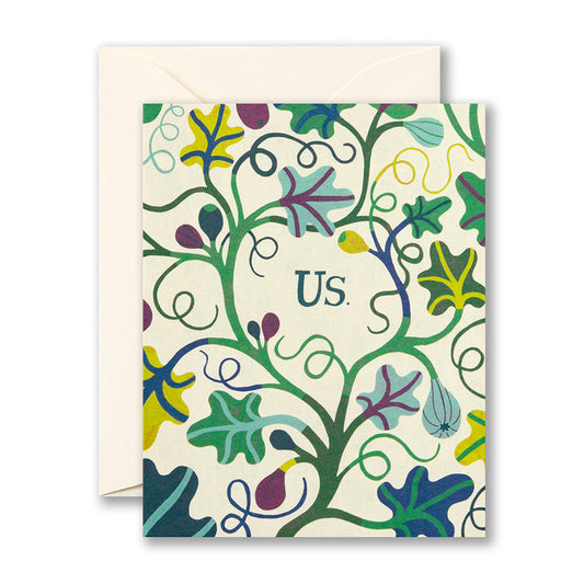 Greeting card with colorful floral design and 'Us' text on a white background